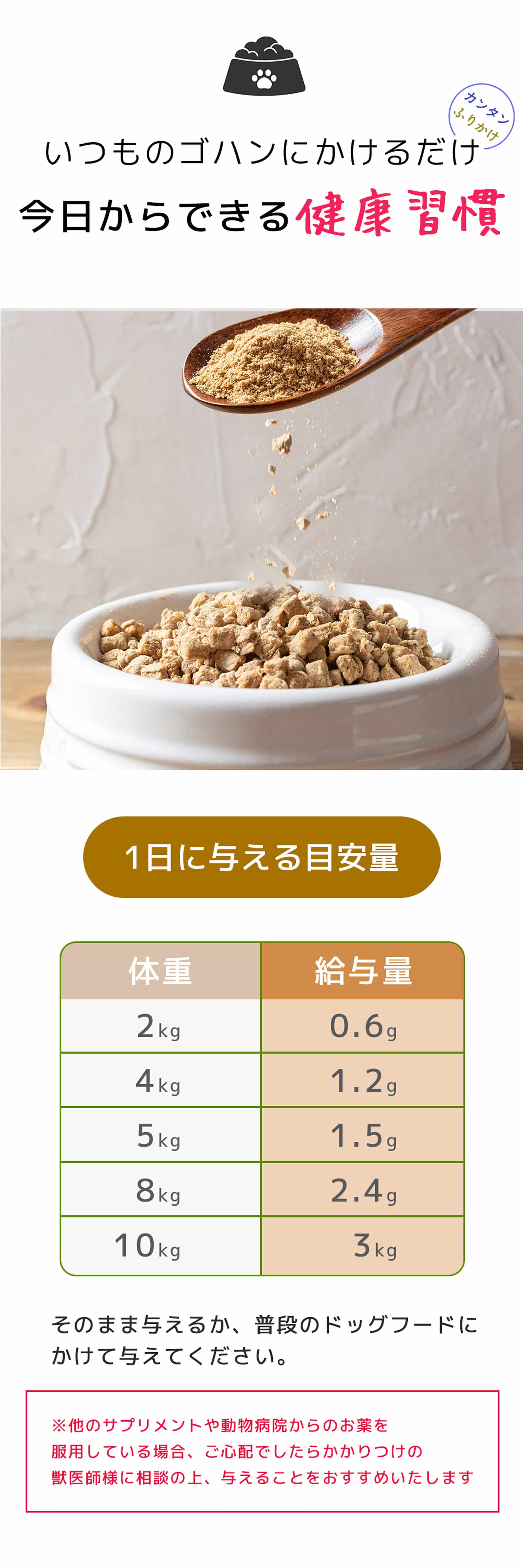 いつものゴハンにかけるだけ　カンタンふりかけ　今日からできる健康習慣　そのまま与えるか、普段のドッグフードにかけて与えてください。※他のサプリメントや動物病院からのお薬を服用している場合、ご心配でしたらかかりつけの獣医師様にご相談の上、与えることをおすすめいたします