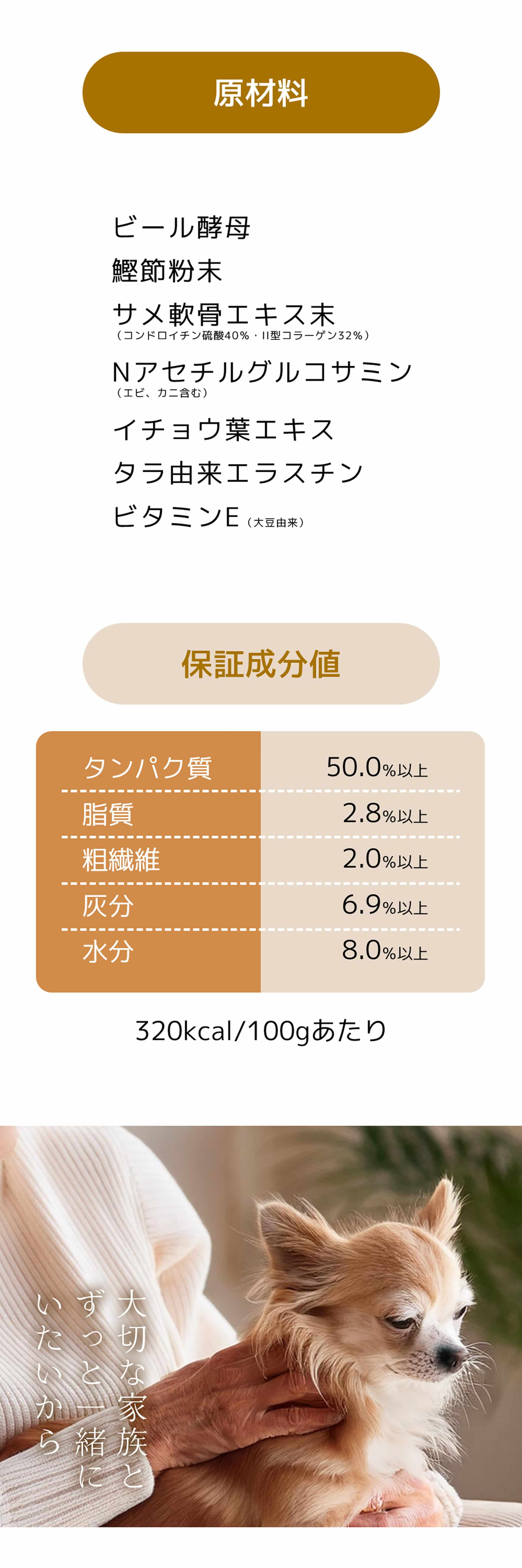 原材料：ビール酵母、鰹節粉末、サメ軟骨エキス末、Nアセチルグルコサミン、イチョウ葉エキス、タラ由来エラスチン、ビタミンE(大豆由来)　保証成分値：タンパク質50.0％以上、脂質2.8％以上、粗繊維2.0％以上、灰分6.9％以上、水分8.0％以上　320kcal / 100gあたり