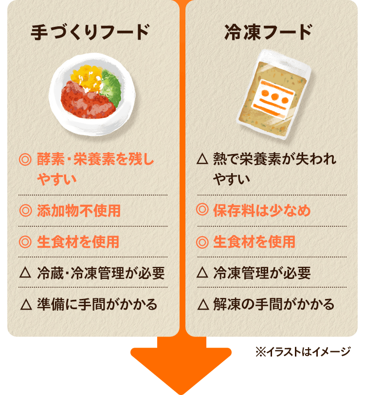 手づくりフード　◎酵素・栄養素を残しやすい　◎添加物不使用　◎生食材を使用　△冷蔵・冷凍管理が必要　△準備に手間がかかる｜冷凍フード　△熱で栄養素が失われやすい　◎保存料は少なめ　◎生食材を使用　△冷凍管理が必要　△解凍の手間がかかる　※イラストはイメージ