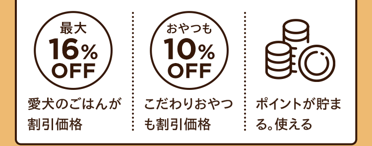最大16％OFF　愛犬のごはんが割引価格｜おやつも10％OFF　こだわりおやつも割引価格｜ポイントが貯まる。使える