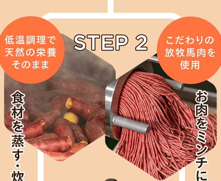 STEP 2｜低温調理で天然の栄養そのまま　食材を蒸す・炊く／こだわりの放牧馬肉を使用　お肉をミンチに