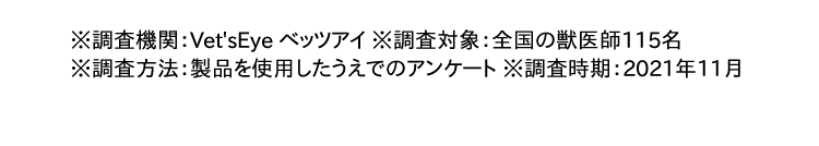 ※調査機関：Vet'sEye ベッツアイ ※調査対象：全国の獣医師115名　※調査方法：製品を使用したうえでのアンケート ※調査時期：2021年11月