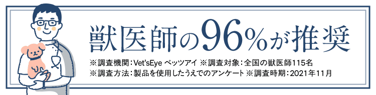 獣医師の96％が推奨　※調査機関：Vet'sEye ベッツアイ ※調査対象：全国の獣医師115名　※調査方法：製品を使用したうえでのアンケート ※調査時期：2021年11月