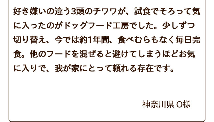 好き嫌いの違う3頭のチワワが、試食でそろって気に入ったのがドッグフード工房でした。少しずつ切り替え、今では約1年間、食べむらもなく毎日完食。他のフードを混ぜると避けてしまうほどお気に入りで、我が家にとって頼れる存在です。