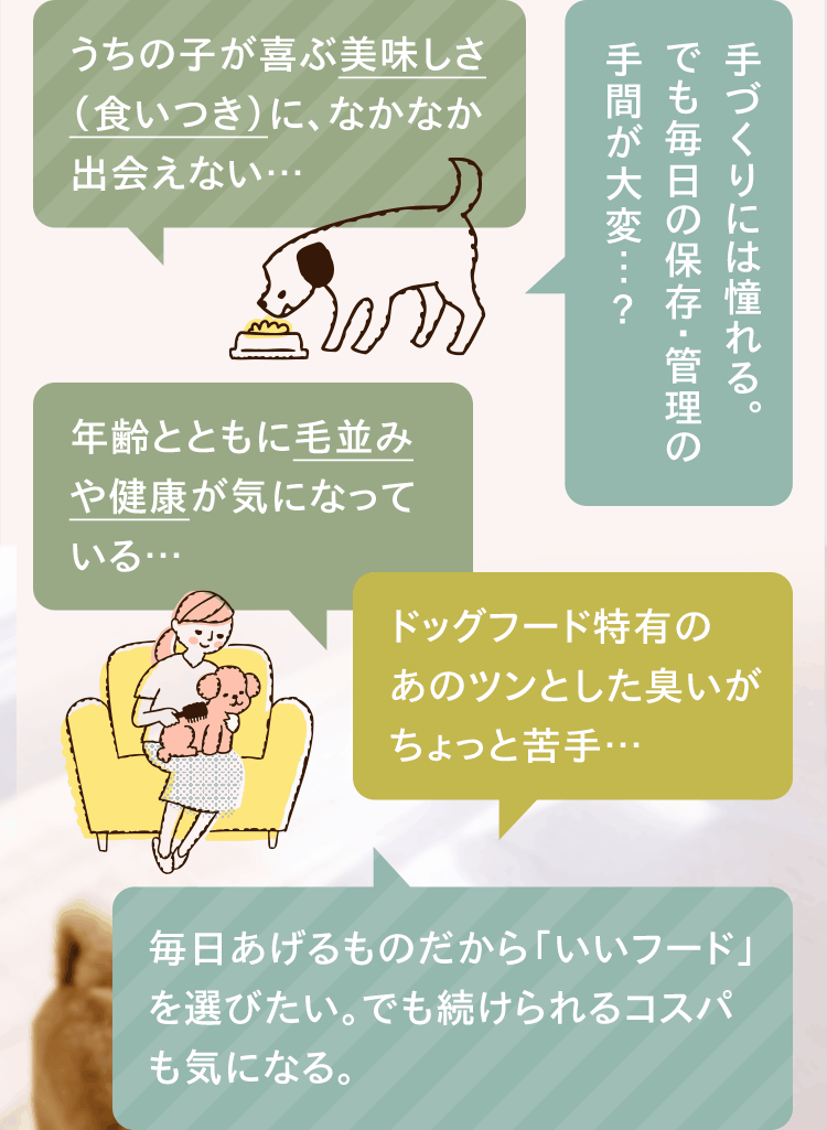 「うちの子が喜ぶ美味しさ（食いつき）に、なかなか出会えない…」「手づくりには憧れる。でも毎日の保存・管理の手間が大変…？」「年齢とともに毛並みや健康が気になっている…」「ドッグフード特有のあのツンとした臭いがちょっと苦手…」「毎日あげるものだから「いいフード」を選びたい。でも続けられるコスパも気になる。」